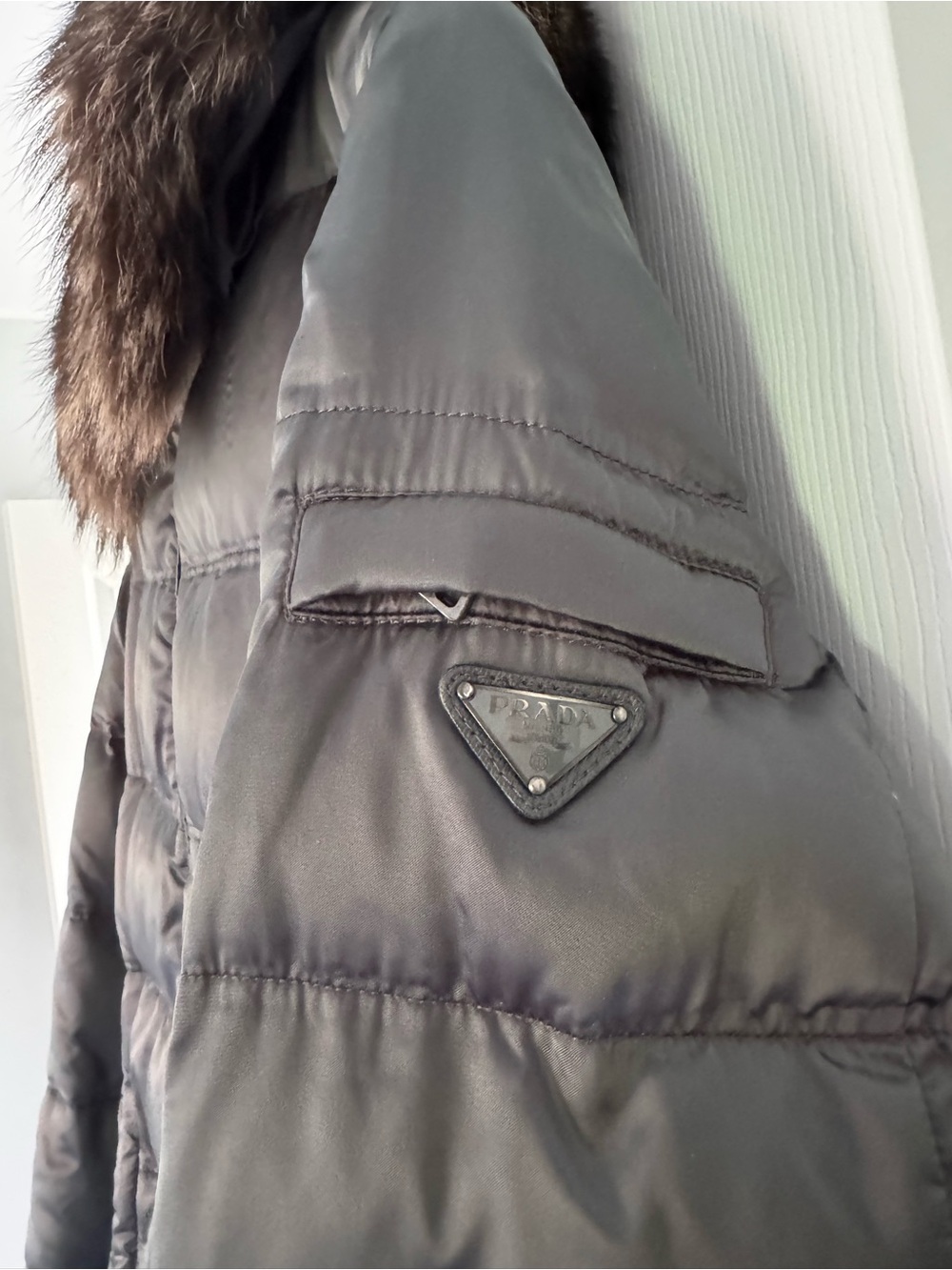 Prada Down Puffer Jacket Natural Fur Trim Gray EU 48